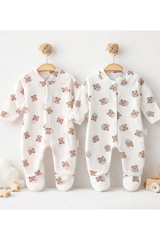 100% Cotton Booties Baby Romper with Teddy Bear Pattern – Newborn Long Sleeve Snap Fastener Interlock Baby Bodysuit