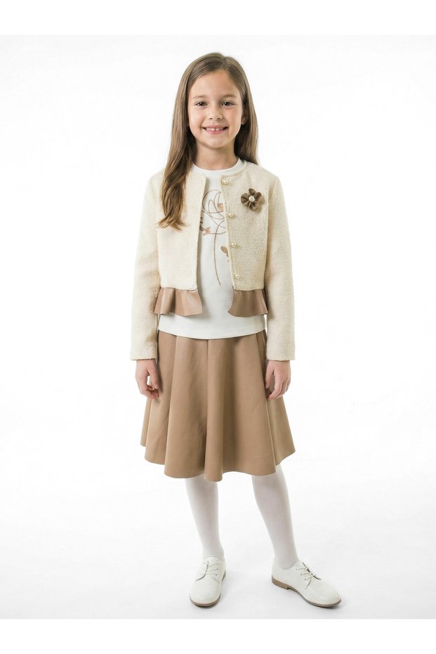 Girl's 3-Piece Set with Floral Detailed Tweed Jacket and Leather Skirt, Ages 4-10 4413