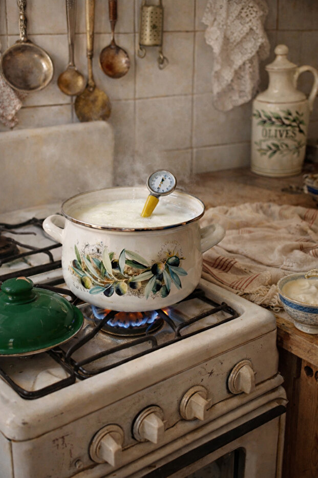 Retro Olive Enamel Small Size Pot 2 Liters 18 cm Diameter Milk Yogurt Soup Pot