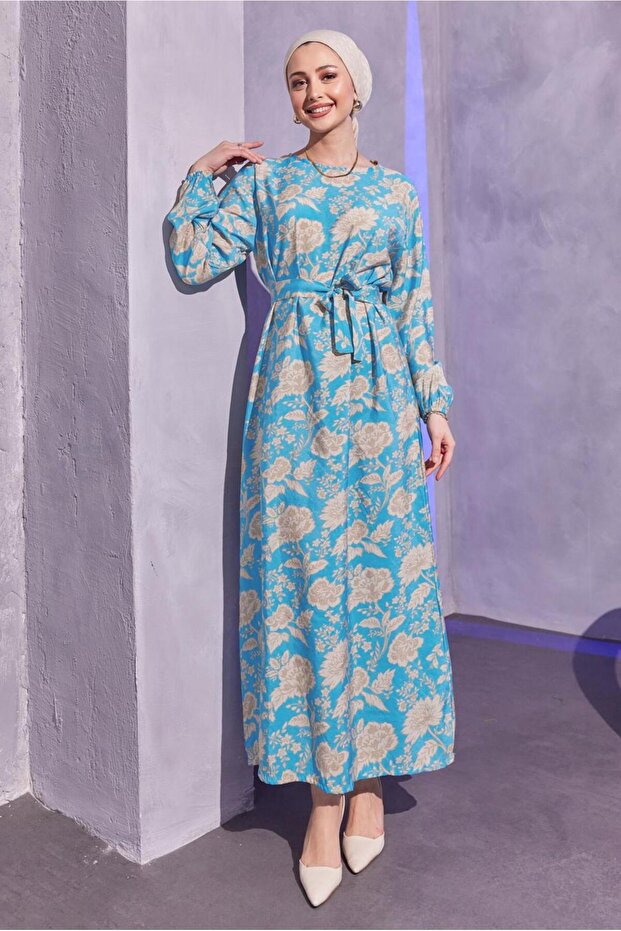 WOMEN'S BLUE BIRDLE PATTERNED DRESS T 7993