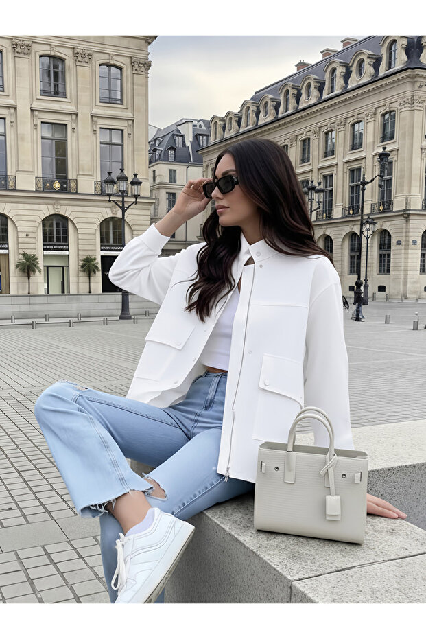 Women White Regular Fit Bomber Jacket with Pockets