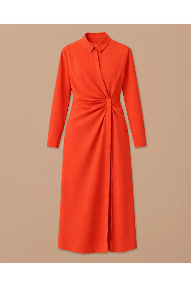 Gömlek Yaka Drapeli Elbise - 7