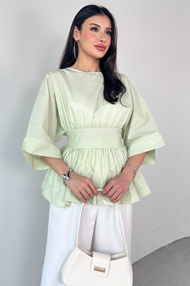 Blz-06285 Mint Green Round Neck Double Sleeve Side Zipper Pleated Blouse