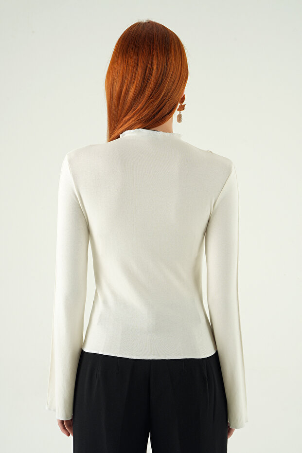 8238A Crew Neck Front Ruffled Blouse Ecru - 5