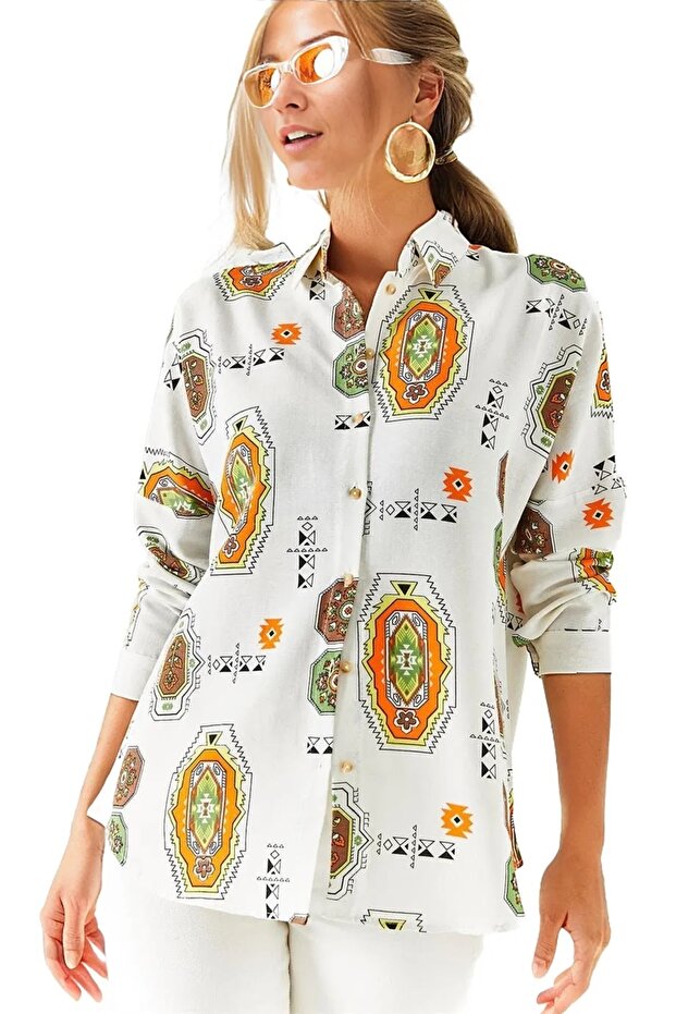 Women's Brown Ethnic Patterned Linen Oversize Shirt