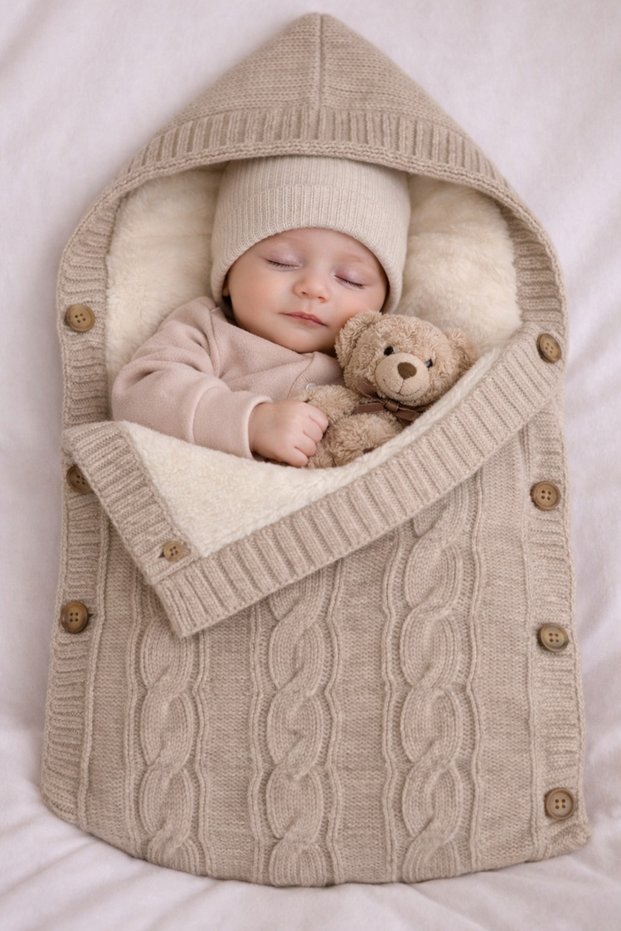 100% Organic Knitted Baby Swaddle with Fleece Inside and K Hooded Button Detail, 75 X 40 cm
