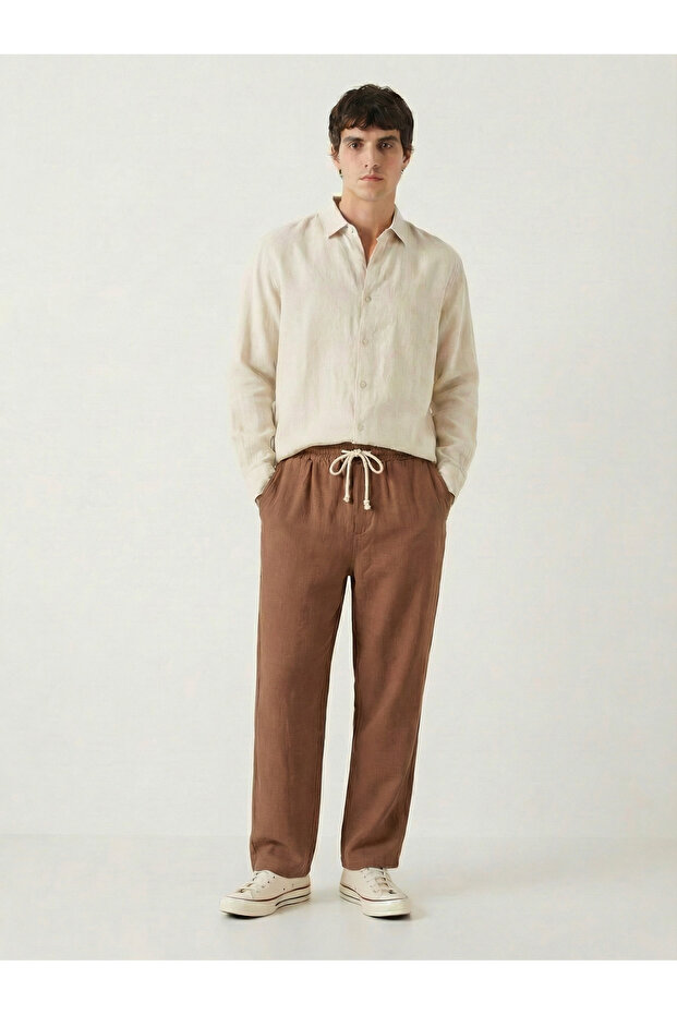 Men's Brown Linen Muslin Trousers Comfortable Fit Baggy Lightweight Fabric with Back Pockets