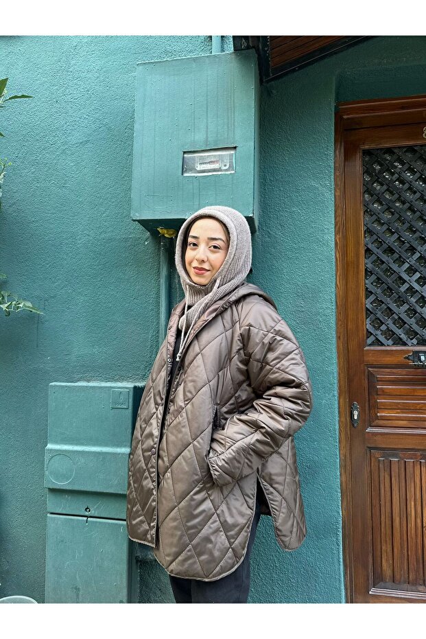 Oversize Kapüşonlu Kadın Kapitone Mont - 5