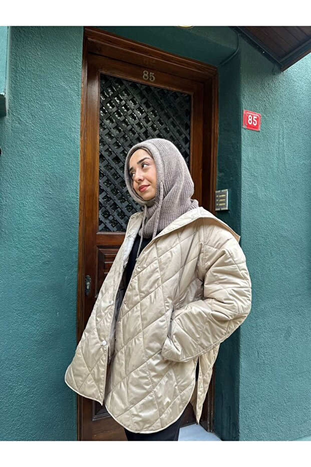 Oversize Kapüşonlu Kadın Kapitone Mont - 5