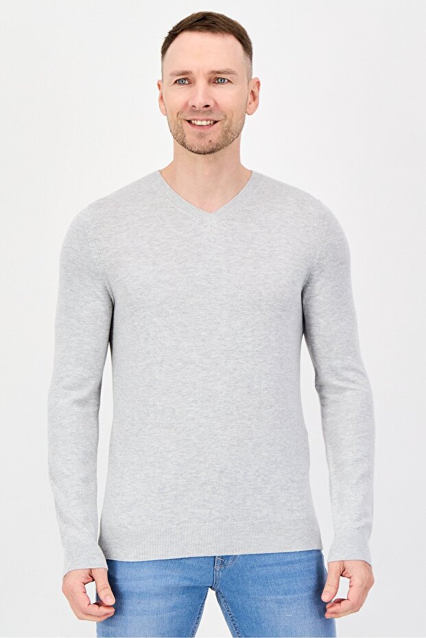 Men V Neck Long Sleeves Plain Sweaters, Light Grey - 1