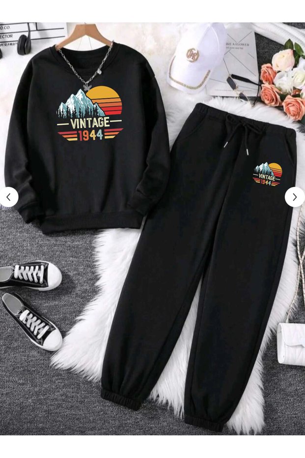 Vintage Printed 3-Yarn Top and Bottom Set Unisex Black Sports Set