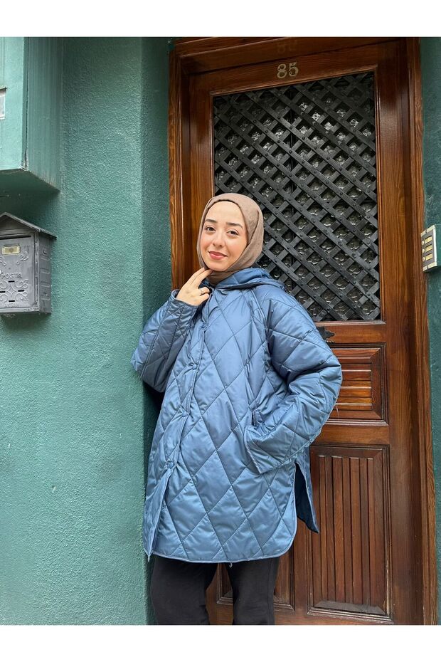 Oversize Kapüşonlu Kadın Kapitone Mont - 5