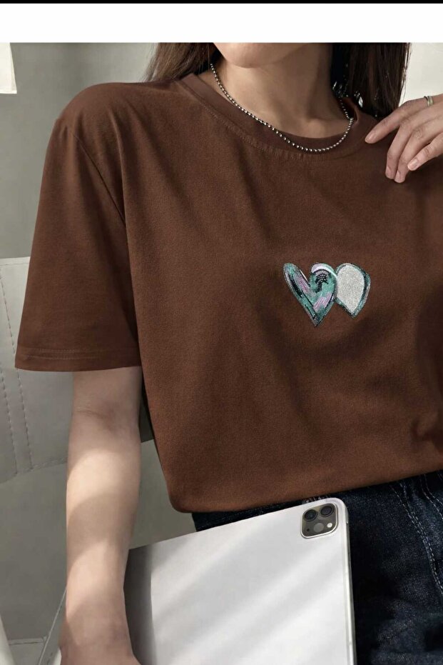 Blue Heart Printed Women's Brown T-Shirt