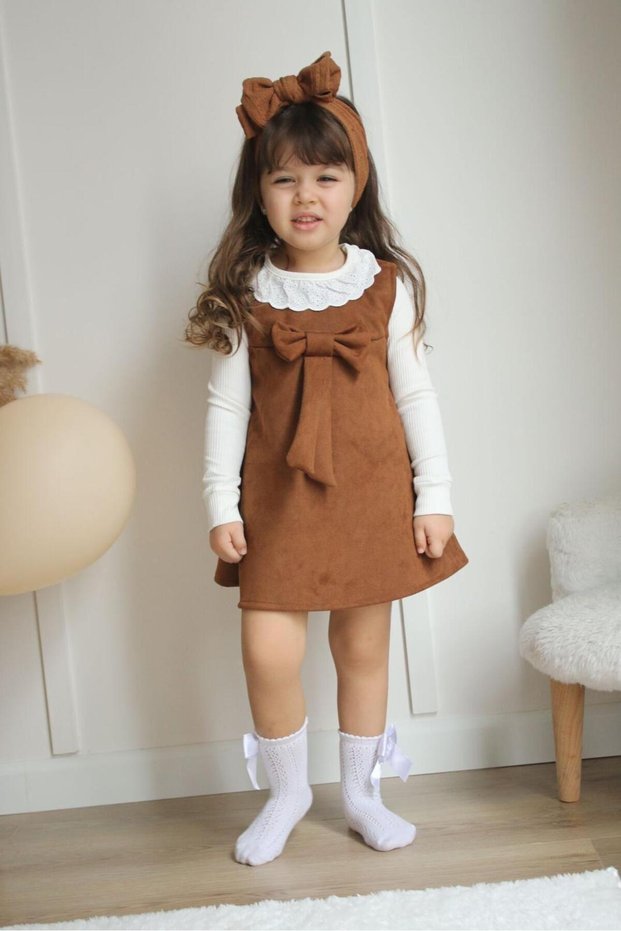 Girl's Seasonal Suede Dress and Bodysuit Set with Bow - Stylish Daily Combination-V-002-Jlb-084