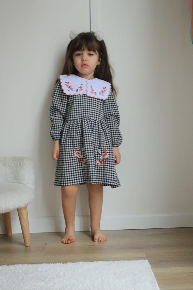 Girl's Gingham Patterned Embroidered Collared Dress Stylish Comfortable and Special Occasion Model-Jlb-093