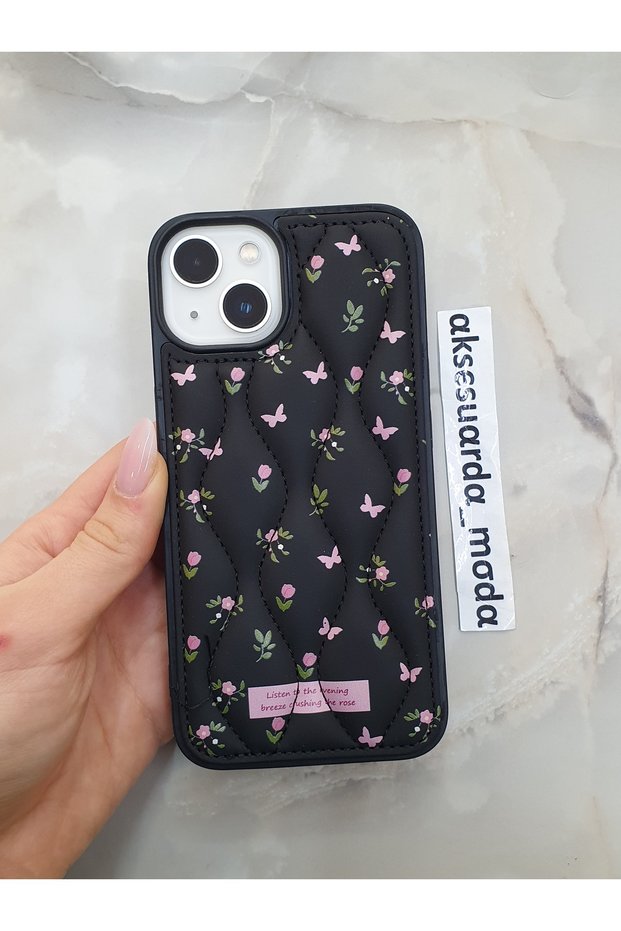 Quilted Floral Patterned Special Boxed Puff Case Compatible with iPhone 13 and 14