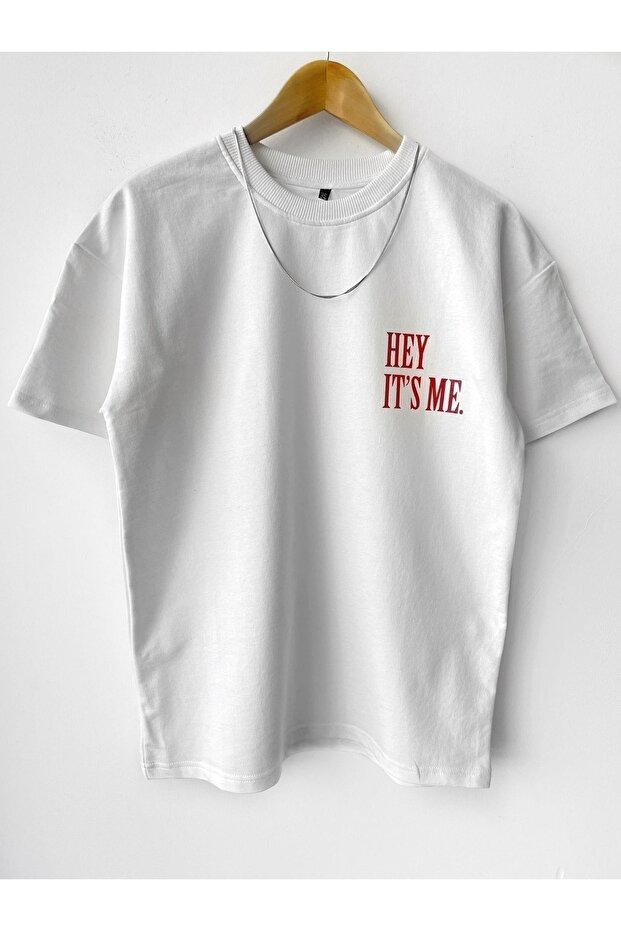 Hey It's Me. T-Shirt - White Printed Crew Neck Short Sleeve Loose