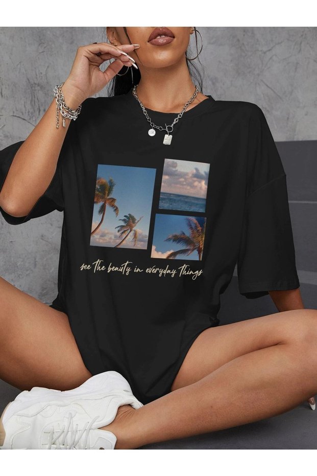 Beauty Palmiye T-shirt -black, Printed, Crew Neck, Printed, Short Sleeve, Boyfriend, Loose