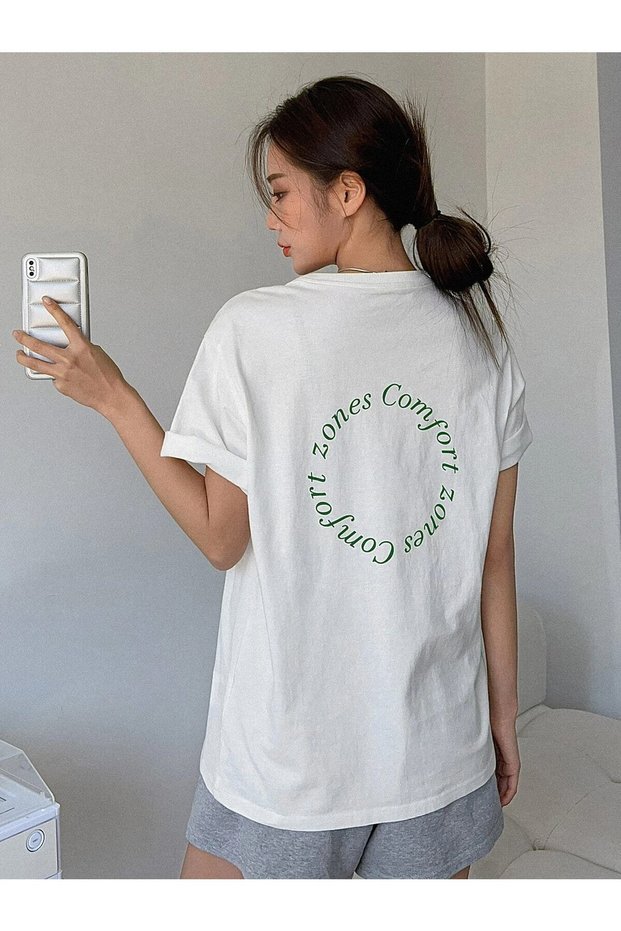 Comfort T-shirt -white, Printed, Crew Neck, Printed, Short Sleeve, Boyfriend, Loose