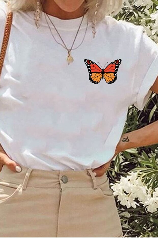 Butterfly Shaped T-Shirt - White Oversized Printed Crew Neck Printed Short Sleeve Loose Fit