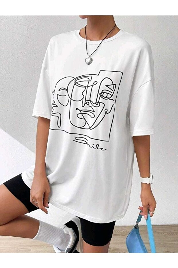 Smile Face T-Shirt - White Printed Crew Neck Short Sleeve Loose