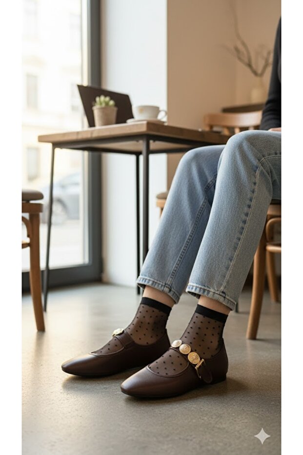 Belted Embroidered Single-Layered Flat-Toe Women's Ballerinas Brown
