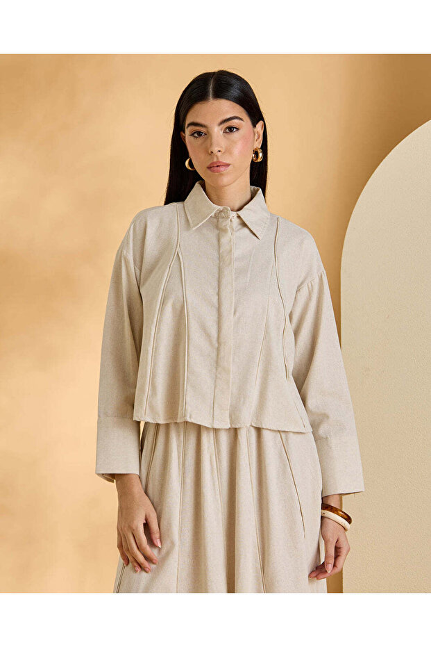 Women Beige Collared Button Front Blouse