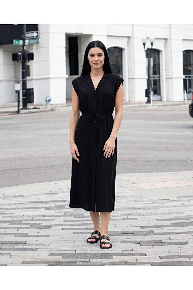 Women Black Button Front Collard Midi Dress