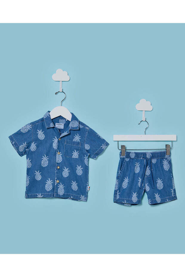 Infant Boys Blue Denim Printed Casual Set (2 Piece)