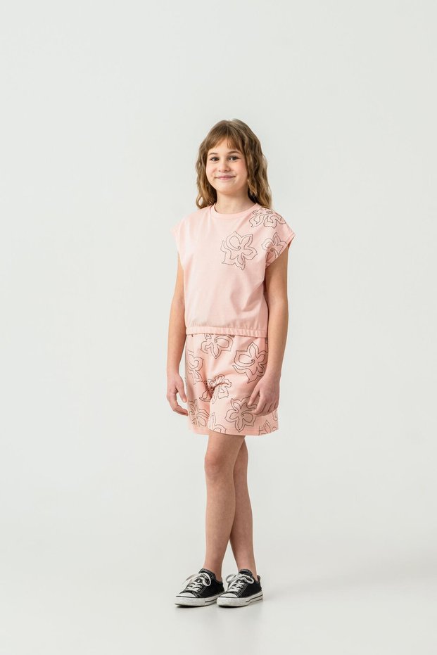 Top Left Shoulder Printed Bottom Full Area Printed Girls' Shorts - T-Shirt Set