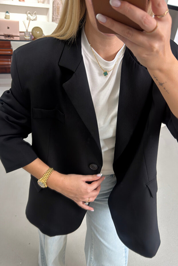 سترة بليزر سوداء كبيرة الحجم بأزرار عظمية - 2