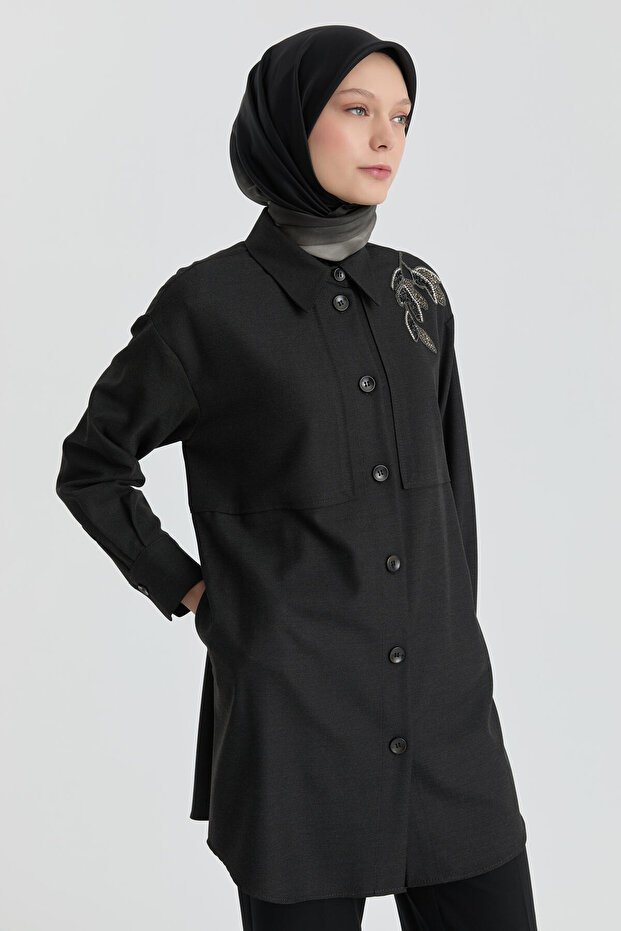 Omzu İşlemeli Tunik - Antrasit - 2