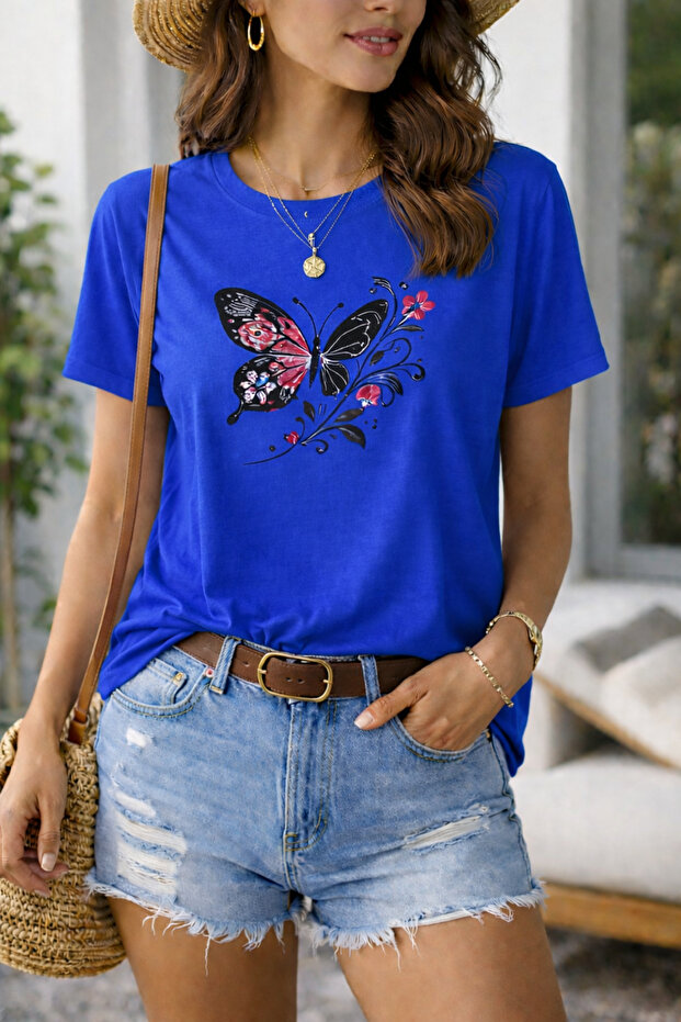 Butterfly Printed Cotton Relaxed Fit Round Neck Unisex T-Shirt