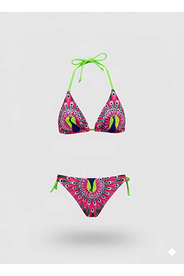 Girl's Pink Peacock Patterned Triangle Bikini Set for Ages 6-14 Hzl24S-Lc19017