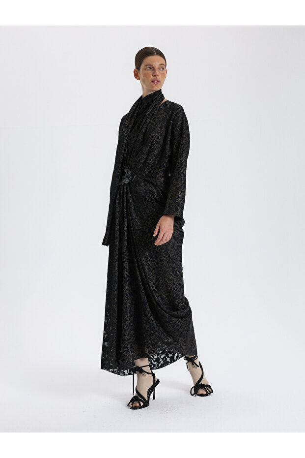 Siyah Desenli Drapeli Elbise - 3