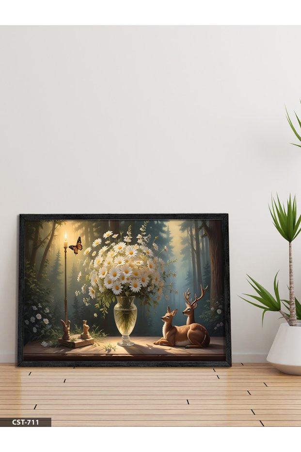 Daisies and Deer in a Vase One Piece Black Wooden Framed Painting