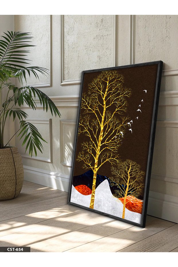 Gold Tree and Birds One Piece Black Wooden Framed Painting