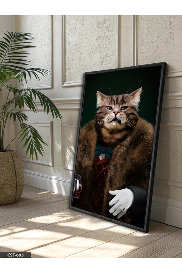 Furry Angry Cat One Piece Black Wooden Framed Painting