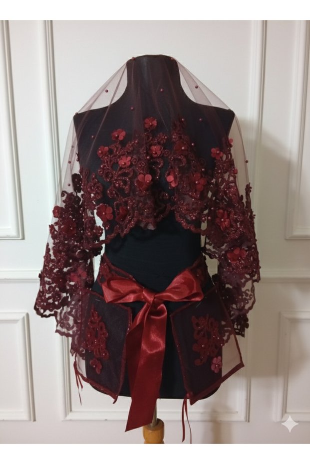 Burgundy Bridal Veil Henna Cover Set with Flocked Glitter, 3D Satin Floral and Pearl Henna Cover