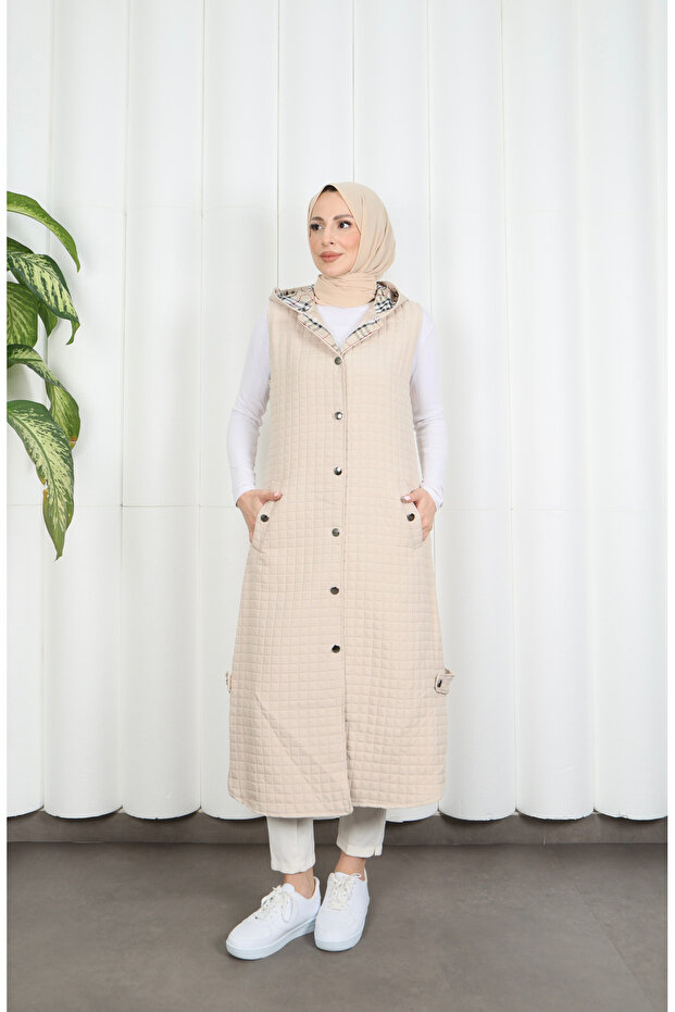Hooded Vest with Plaid Pattern Detail Stone Hnt8568