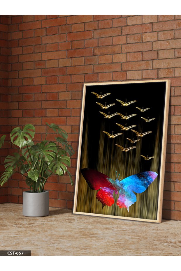 Colorful and Gold Butterfly One-Piece Wooden Framed Painting
