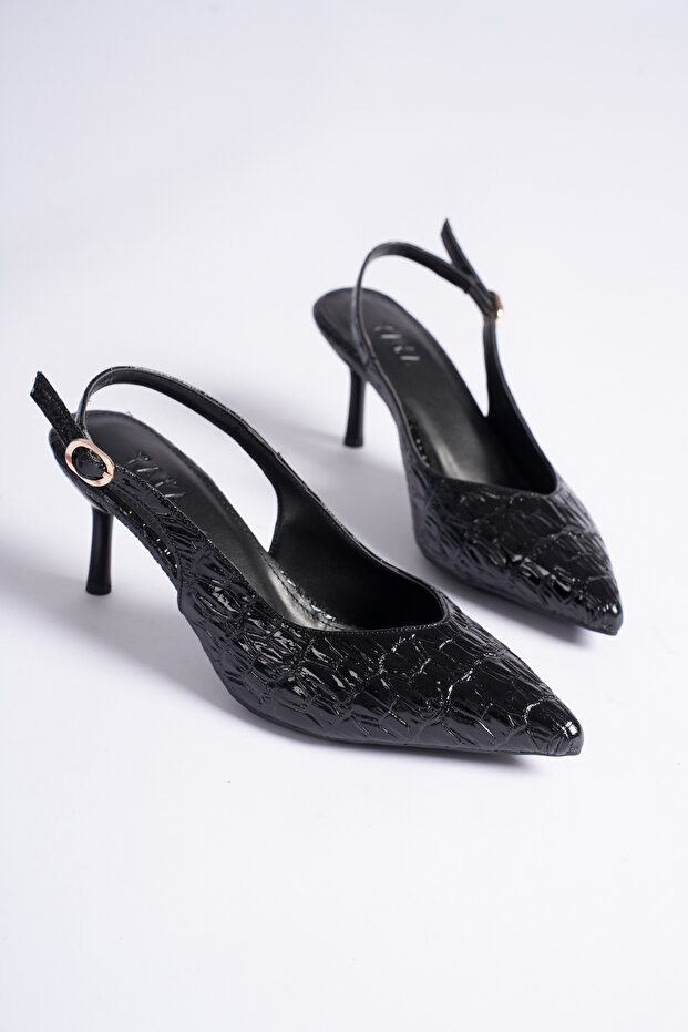 Women's Black Snake Pattern Heeled Shoes