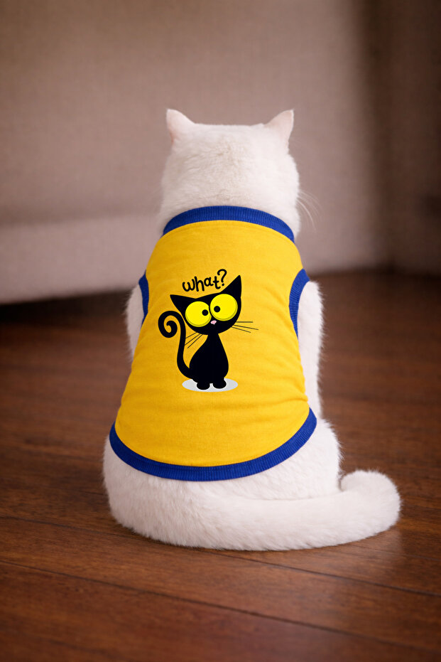Yellow What Cat Printed Cat Tshirt Size S Cat Clothing (100% Cotton Combed)