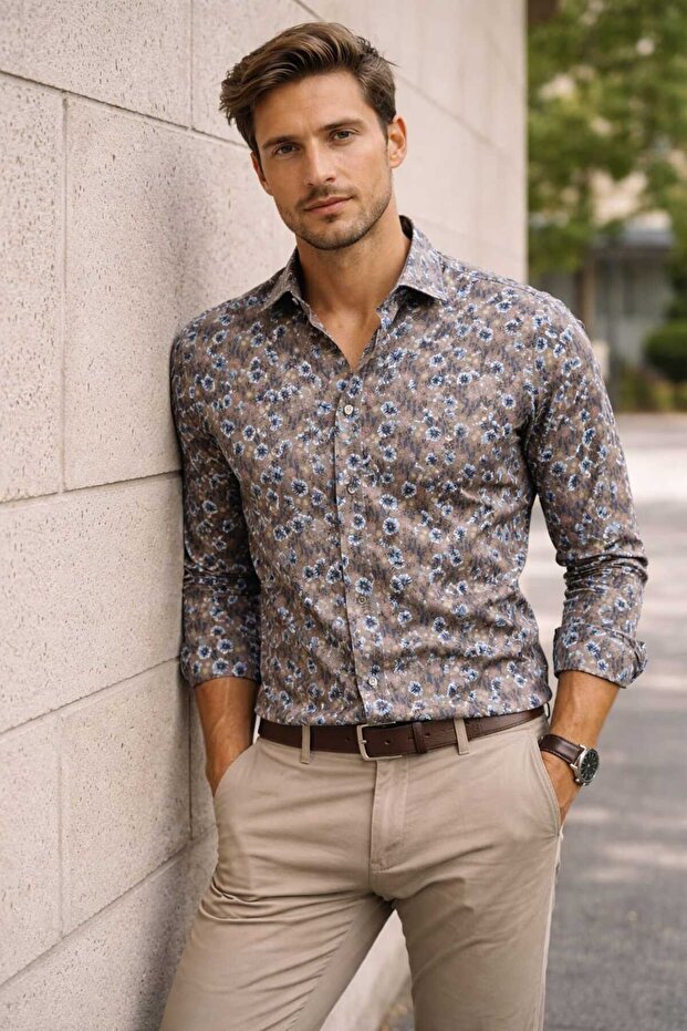 Colorful Floral Patterned Long Sleeve Men's Shirt