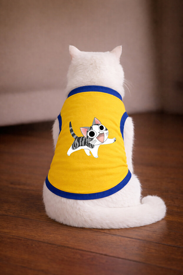 Yellow Happy Cat Printed Cat Tshirt Size 2XL Cat Outfit (100% Cotton Combed)
