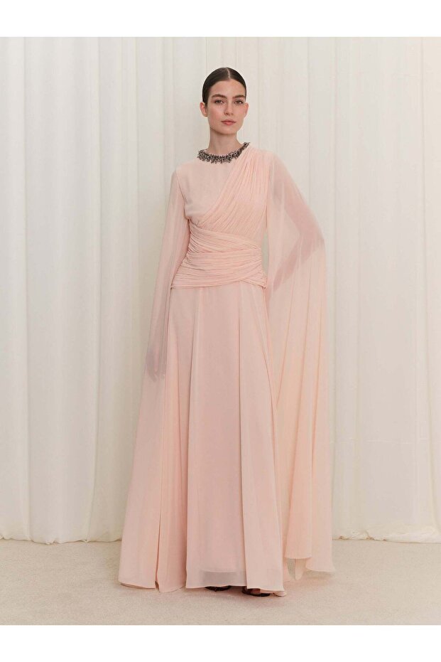 İşlemeli Drape Detaylı Şifon Elbise - 4