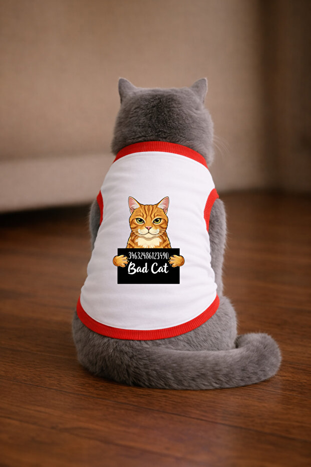 White Wanted Tekir Printed Cat Tshirt Size XL Cat Clothing (100% Cotton Combed)