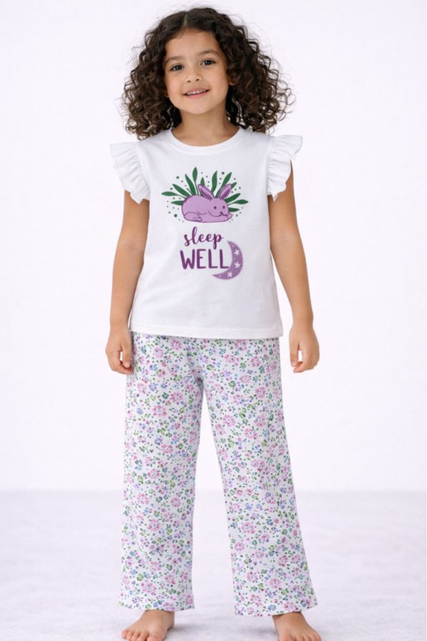 Girls’ Pajama Set – “Sleep Well” Frill Sleeve Top & Floral Print Pants