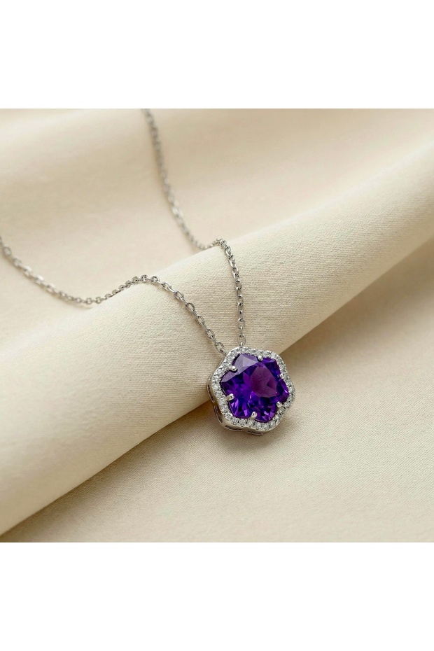 Minimal Mor Taşlı Gümüş Kolye - 1