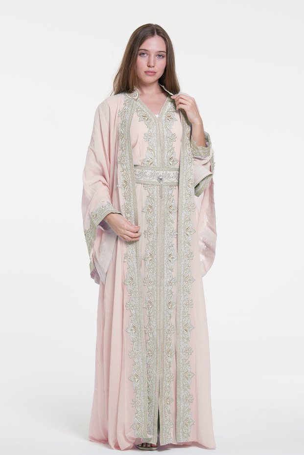 Embroidered kaftan with a belt at the waist, ladies belted kaftan dress